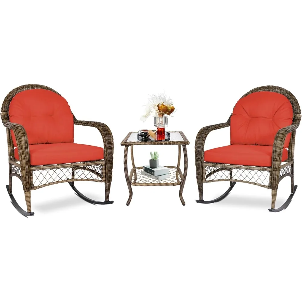 

3 Pieces Outdoor Wicker Bistro Set, Rattan Outdoor Rocking Chairs Set of 2 with Cushions & Glass-Top Coffee Table