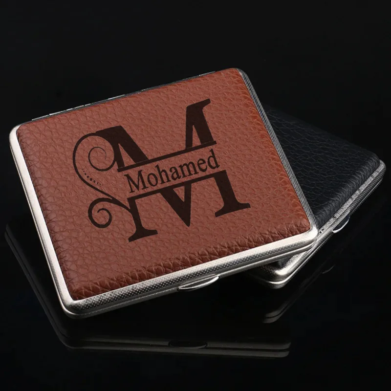 Personalized Name Leather Surface Storage Metal Cigarette Box 20pcs Cigarette Men's Smoking Accessories Waterproof Cigarette Box