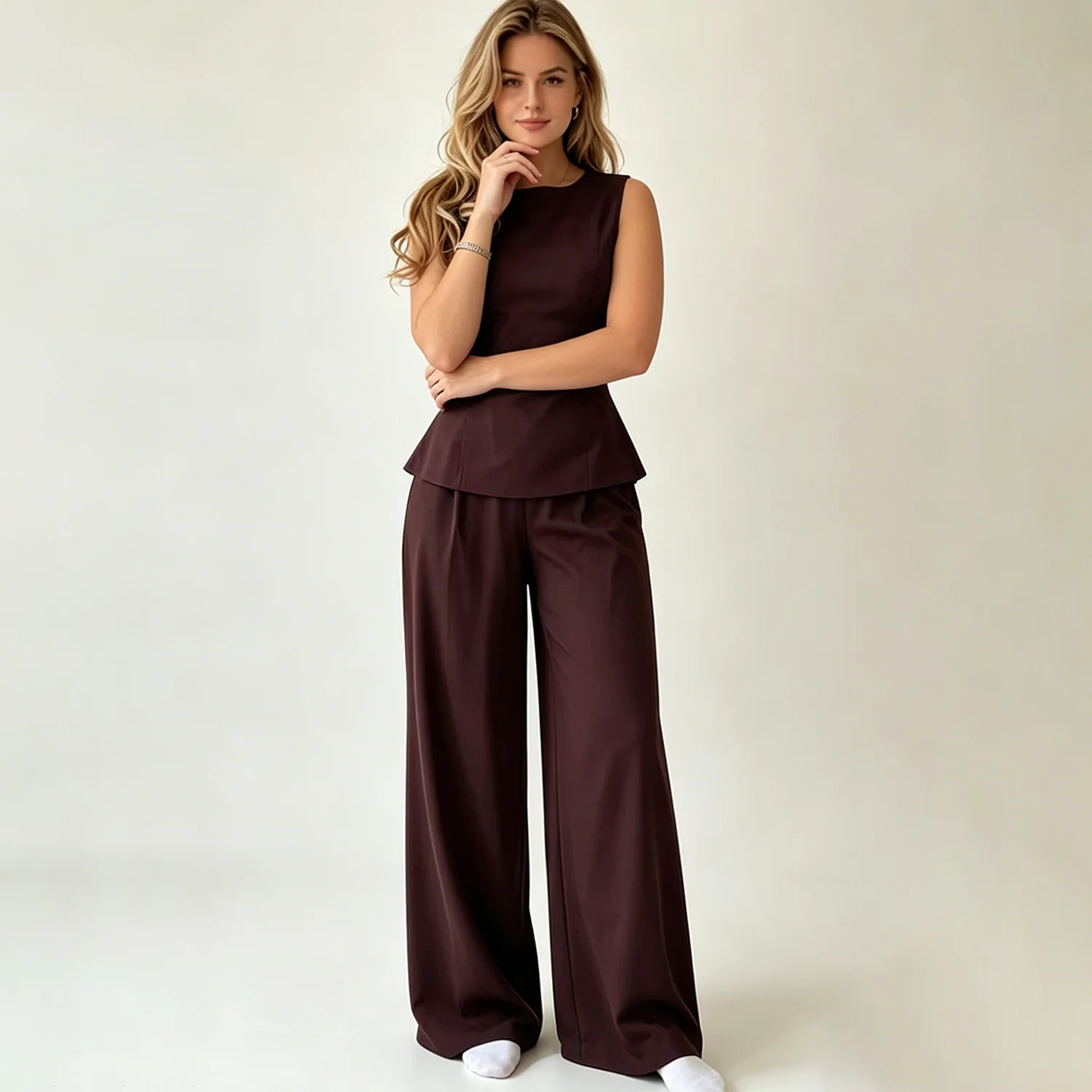 PUAL 2026 New Women 2-Piece Set, Sleeveless Top & Wide Leg Pants with Back Hollow Lace-up, Elegant Office Suit