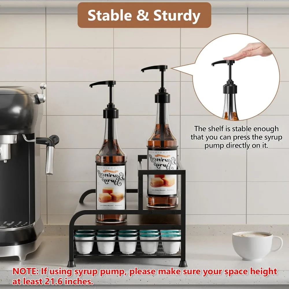 3-Tier Coffee Syrup Rack with Pull-Out Drawer for 8 Bottles and 35 K-Cups, Space-Saving Kitchen Organizer