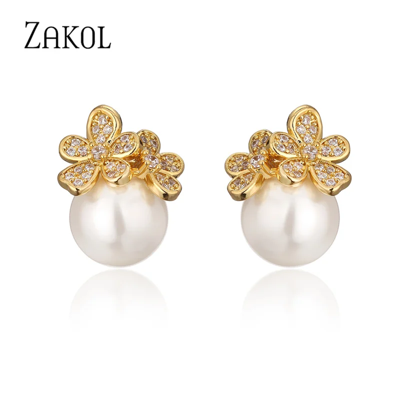 ZAKOL Exquisite Micro Inlay Zircon Flower Stud Earrings for Women Fashion Pearl Wedding Party Jewelry