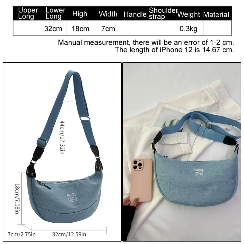 Half Moon shoulder bag for women canvas fashion female crossbody bag portable Girl messenger bag classic Solid color women purse