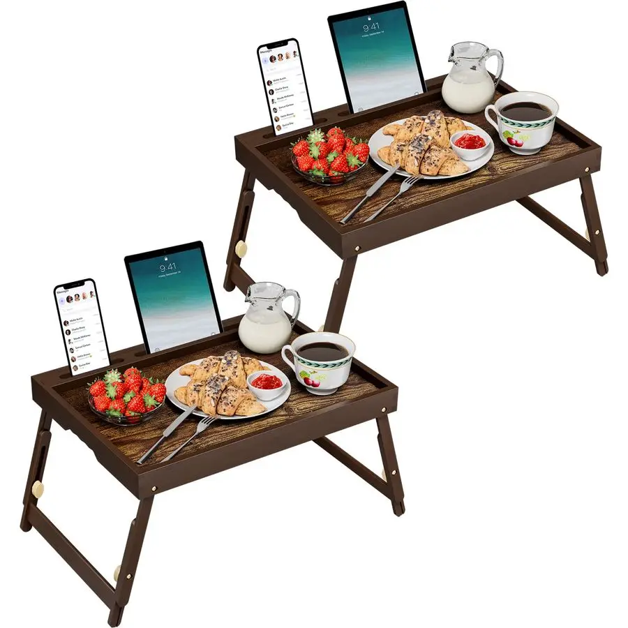 

Pack Bamboo Breakfast Tray with Telescopic Legs Tray with Foldable Legs and Removable Stand Ergonomic Handle Portable Bed Tray f
