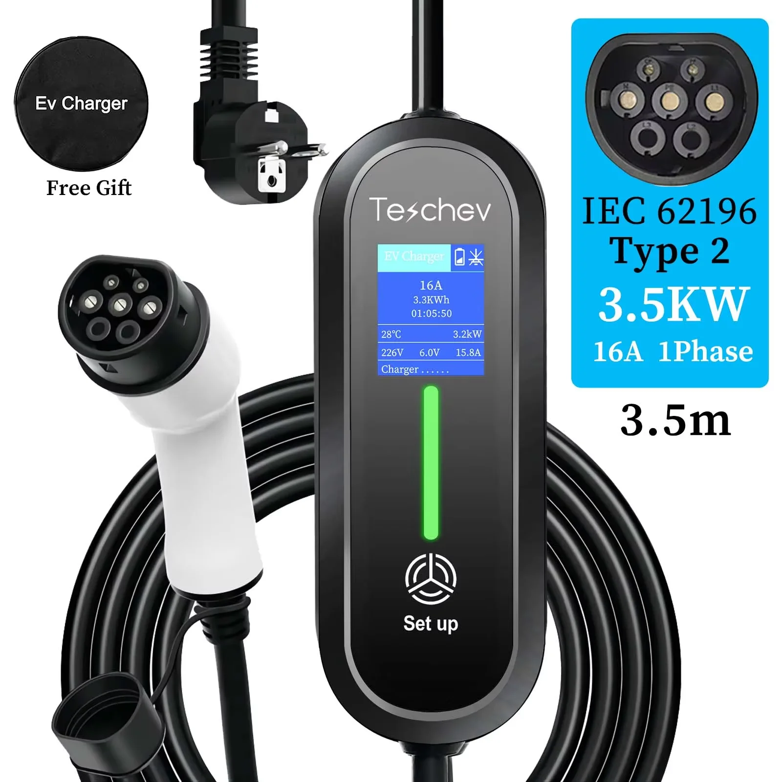 Teschev draagbare EV-oplader 220V 3,5KW J1772 Type 1 IEC62196-2 Type 2 oplader 16A verstelbare stroomoplader voor elektrische auto