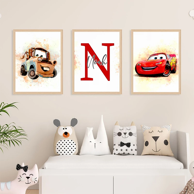 Affiche de film de dessin animé avec nom personnalisé Lightning McQueen, peinture sur toile d'animation de voitures pour décor mural de chambre de garçon