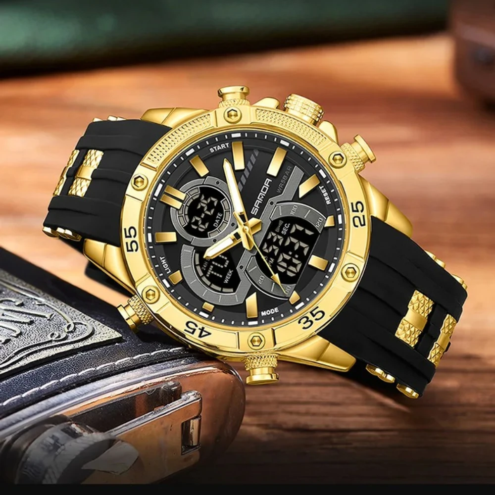 SANDA 6162 Display-Armbanduhren Herren Elektronische Uhr Kreative Sportuhr Wasserdicht Leuchtend Chronograph Zeiger Digital Dual