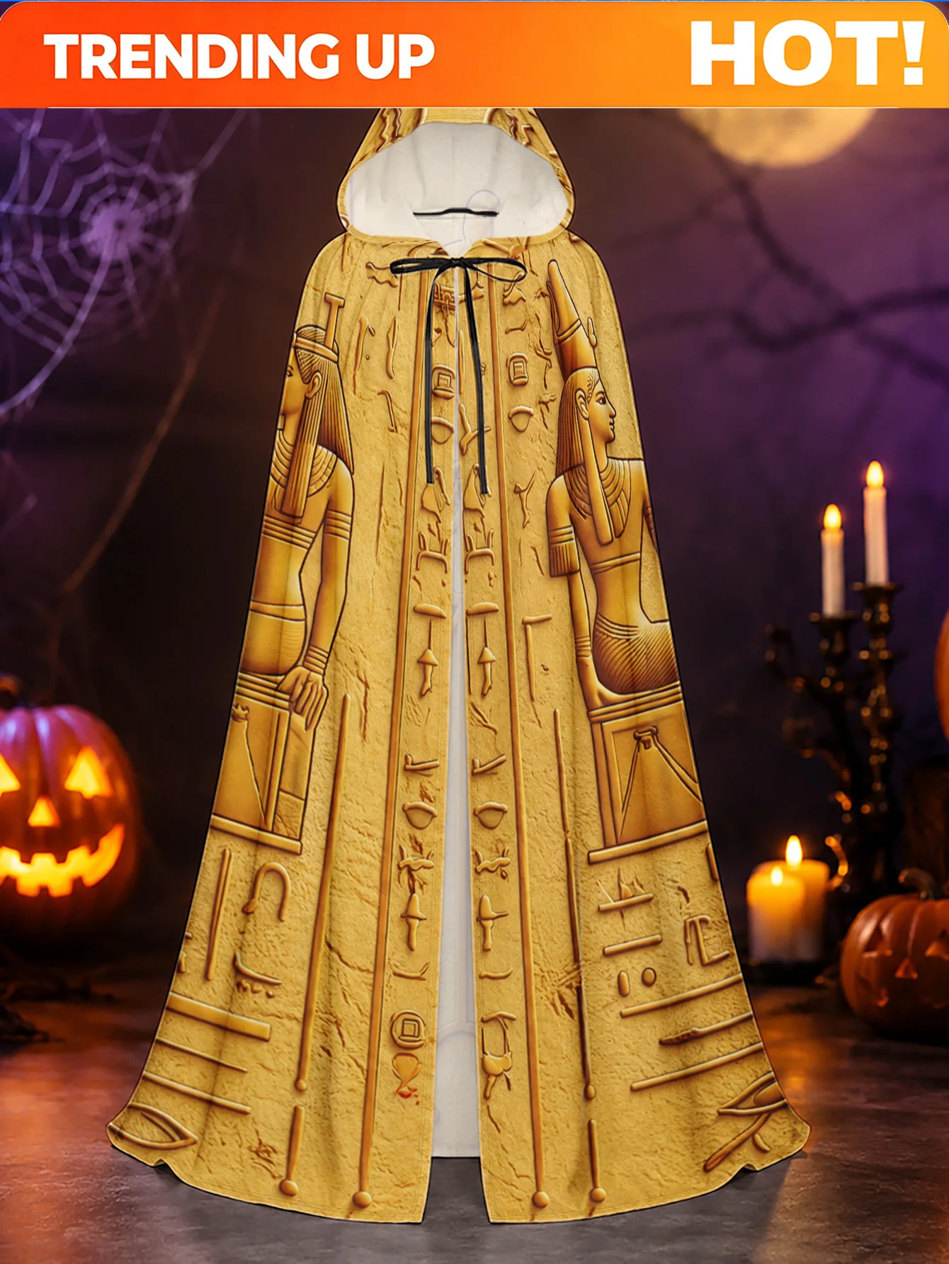 Customization 1pc, Full Length Polyester Hooded Cloak With Ancient Egyptian Relief Art Print, Adult Costume Robe For Halloween