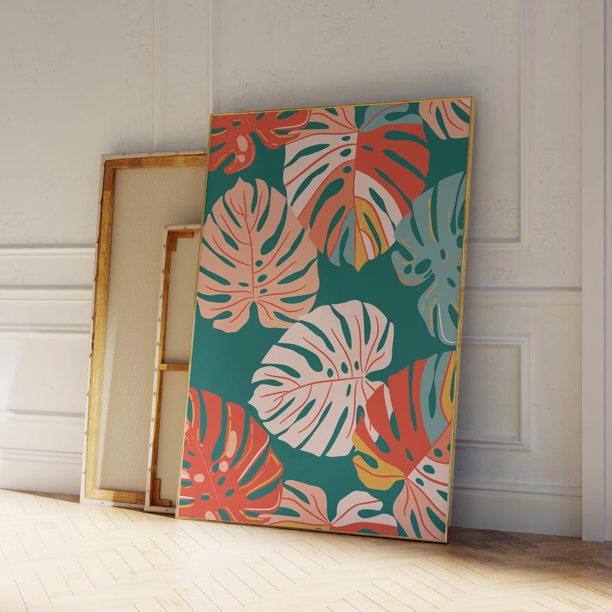 Moderne tropische Monstera-Blatt, lebendige Wandkunst, Drucke, Leinwandgemälde, Poster, Bild für Wohnzimmer, Heimdekoration
