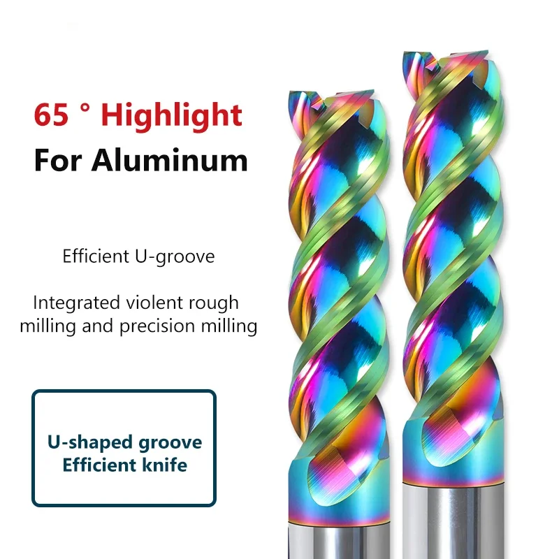 HRC65 U-shaped groove colorful high-gloss aluminum Cutter Special CNC U-groove Integral Tungsten Steel 3 Flute Carbide End Mill