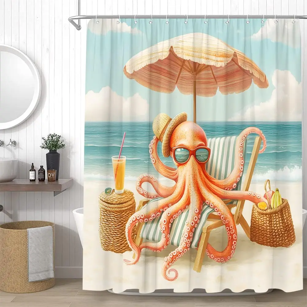 

Funny Octopus Shower Curtain Summer Beach Sea Animal Tentacles Ocean Kraken Coastal Fun Bathroom Decor Curtains Set with Hooks