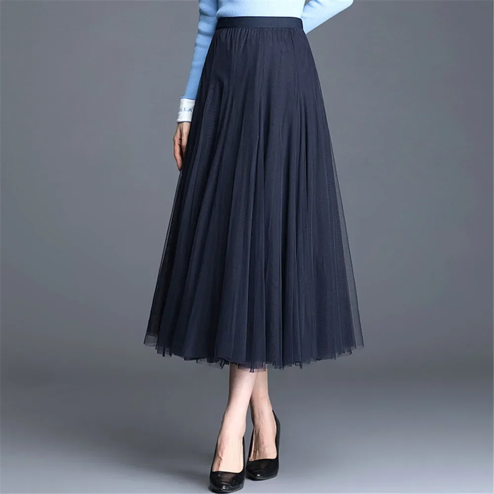 Hot Women Mesh Elastic Tutu Skirt Beach Spring Summer Korean High Waist Fashion Pleated Long Skirt Black White Tulle Skirts
