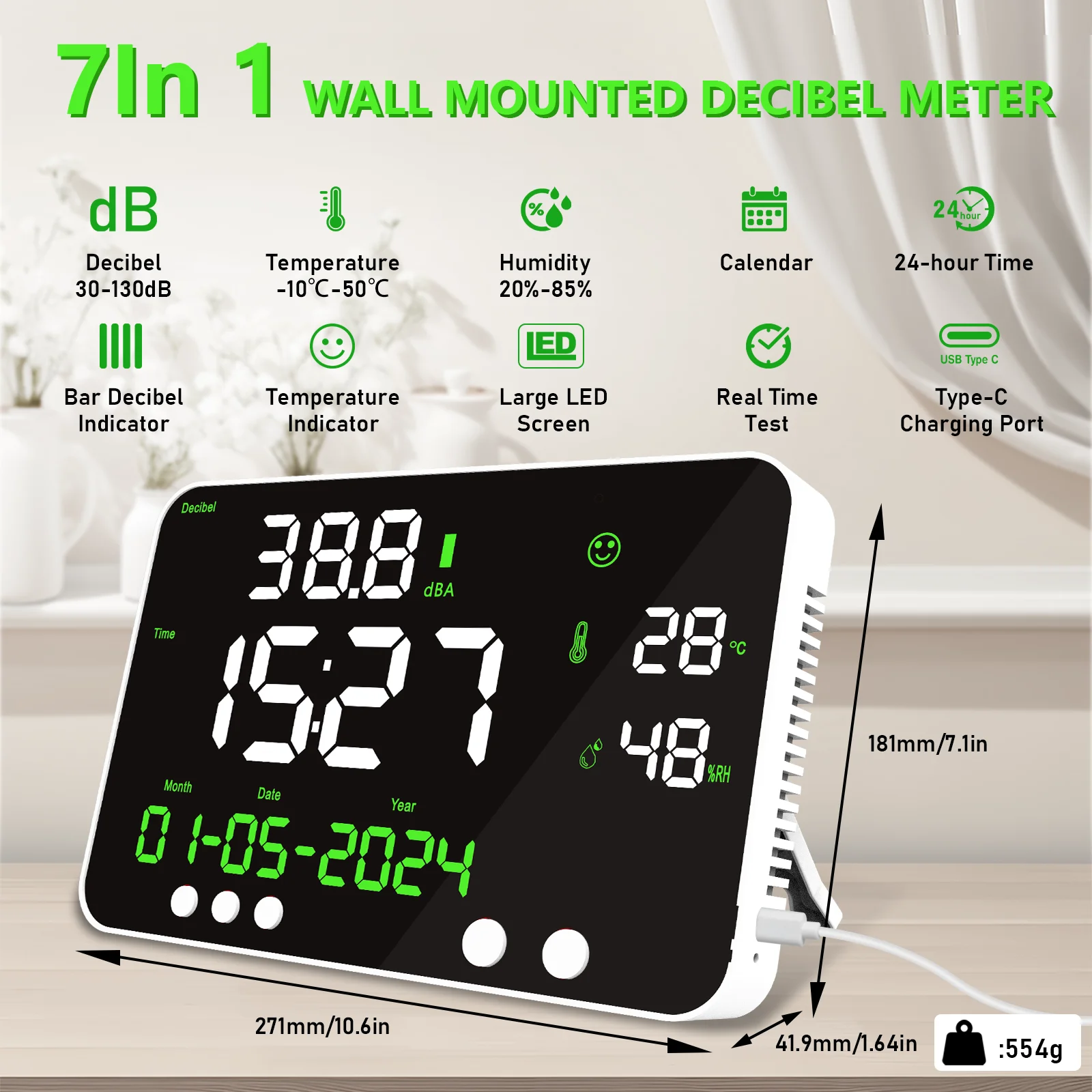 

HoldPeak HP-7000A Wall-Mounted Sound Meter, 30-130dB Range, LED Display, Noise, Temperature, Humidity&Time Measurement for Home