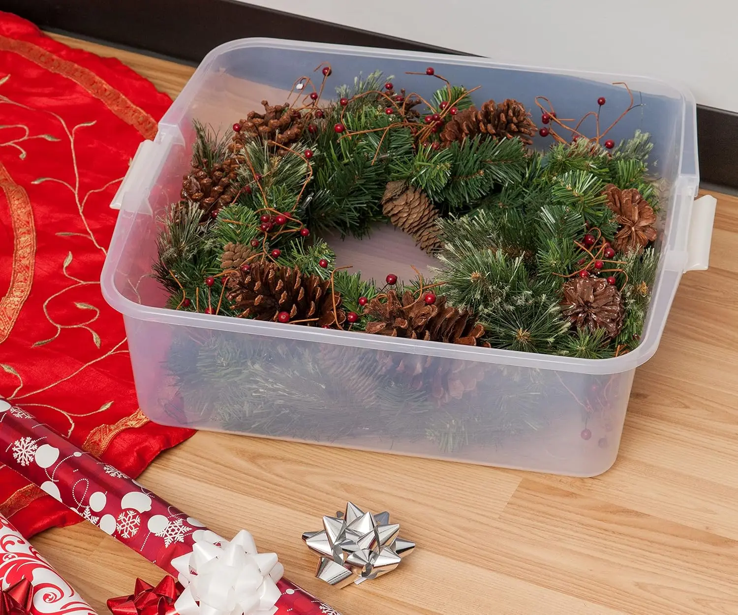 Christmas Wreath Storage Container Box with Lid,Stackable Under Bed Storage Organizer Bin with Latching Buckles