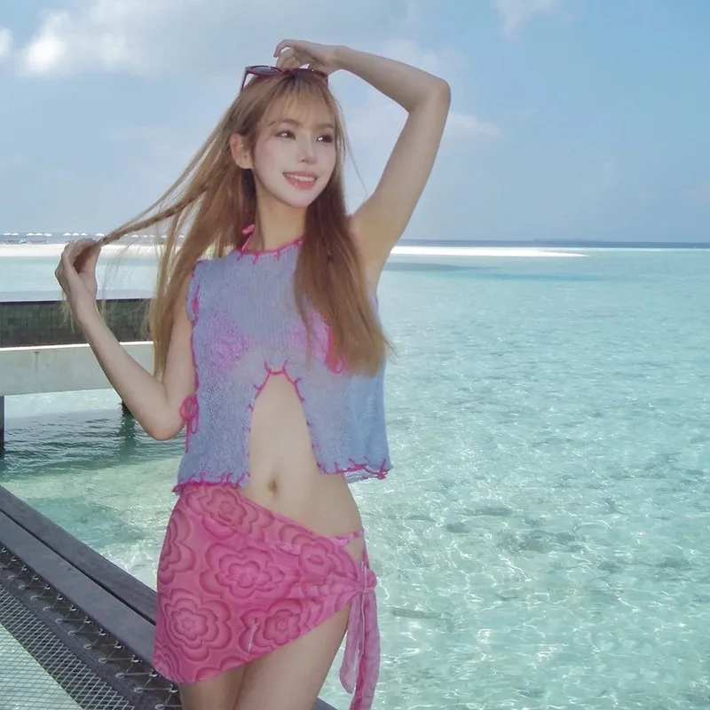 New Style Korean Women's Bikini,Stylish Fresh Three-Piece Coquettish Vibe Knit Cover-Up Swimwear for Beach Vacation Photo Shoots