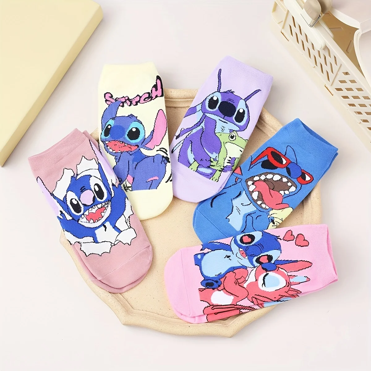 

5 Pairs Of All-Season Neutral Fashionable Disney-Collaborated Stitch Cartoon Stitch Easy-Matching Casual Straight Short Socks