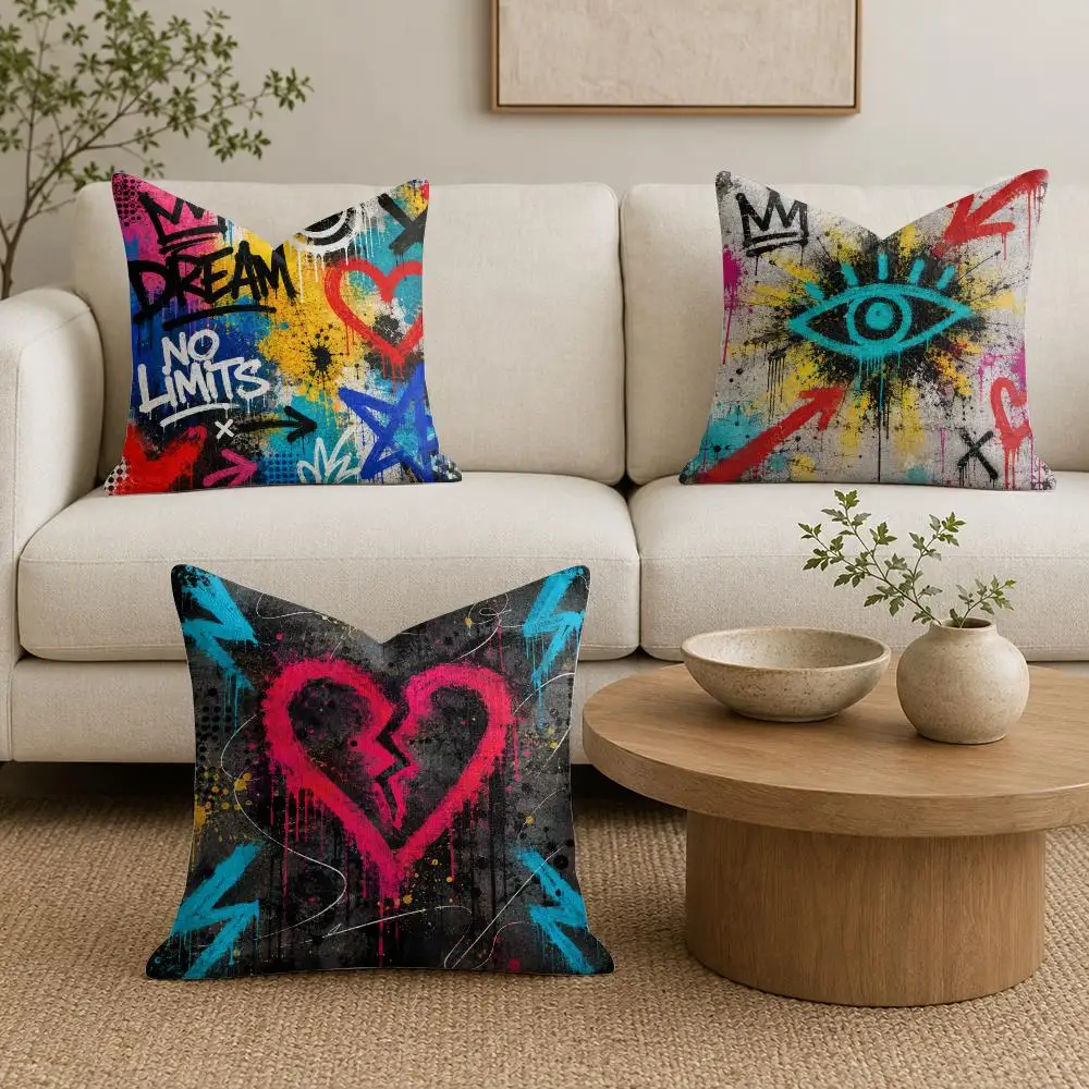 Urban Graffiti Dream Cushion Cover Organic Linen Throw Pillow Cover - Double-Sided Print Breathable Cushion Case Home Decor