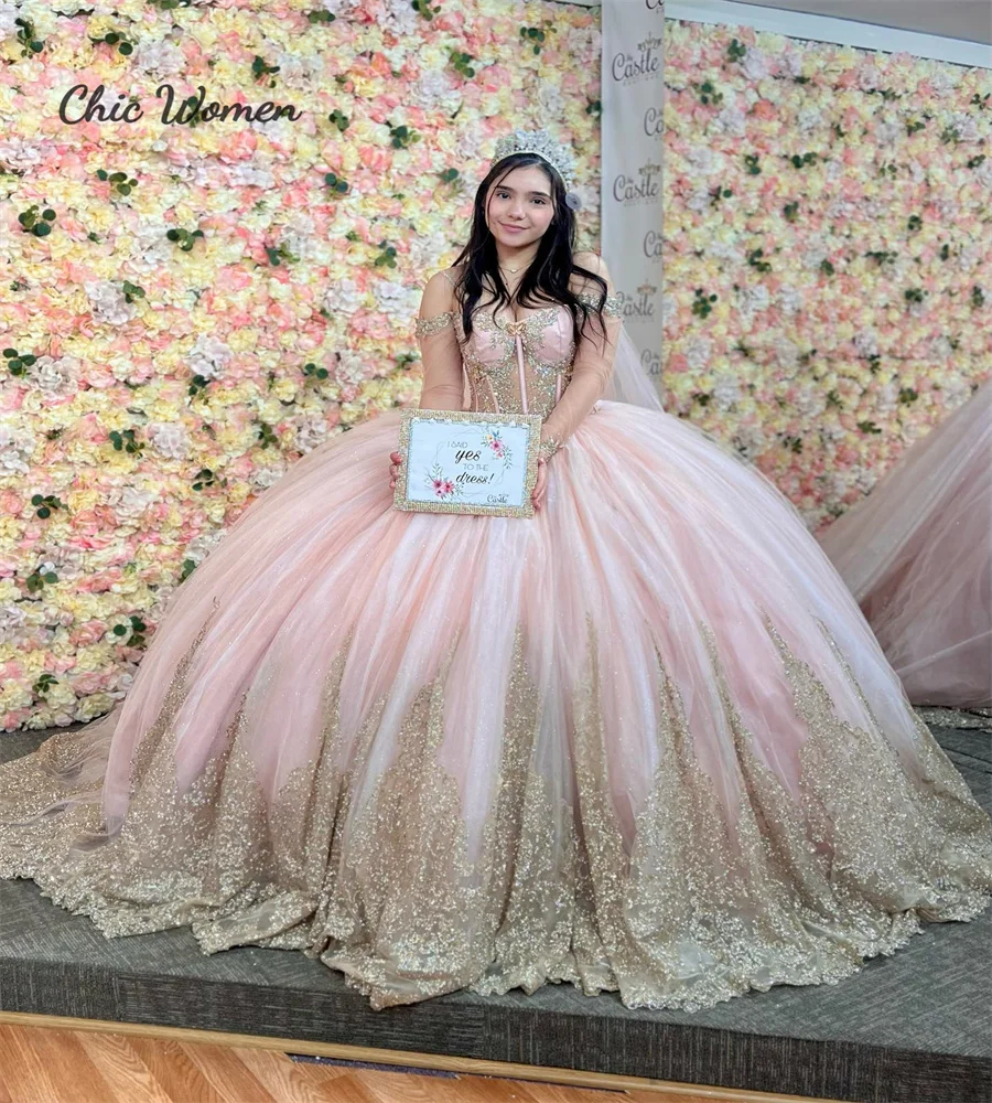 Fairy Pink Quinceanera Dresses 2023 With Gold Sequin Glitter Sparkle Puffy Tulle Birthday 15 Party Dress Luxury Corset Xv Charro