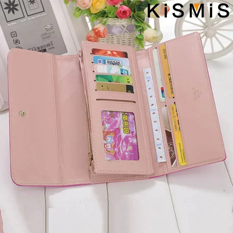 Carteira rosa fofa para mulheres xadrez couro PU bolsa longa bolso dinheiro moeda bolsa ferrolho suporte para telefone design elegante