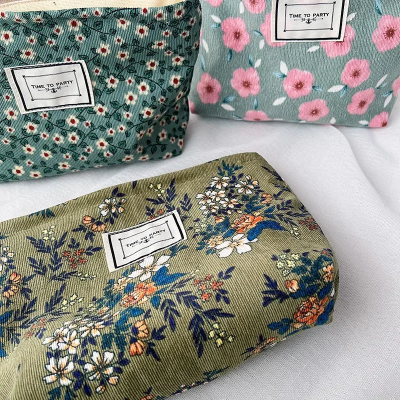 Corduroy Makeup Bag Organizer Clutch Retro Flower Print Cosmetic Bag Wash Women Travel Make Up Pouch Beauty Toilet Storage Cases