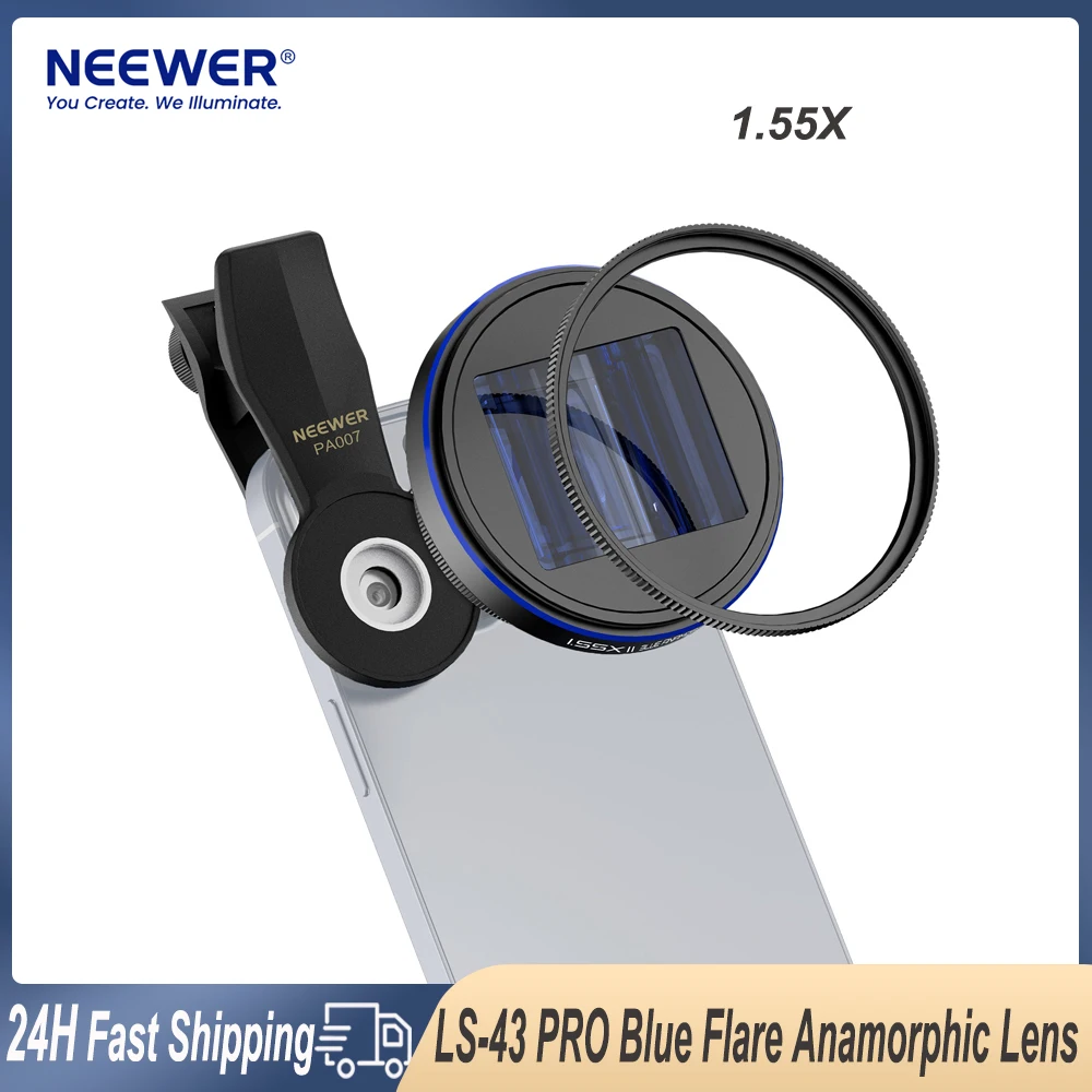 

NEEWER LS-43 PRO 1.55x Blue Flare Anamorphic Lens with 72mm Filter Adapter Ring & 17mm Lens Clamp for Cell Phone Photography