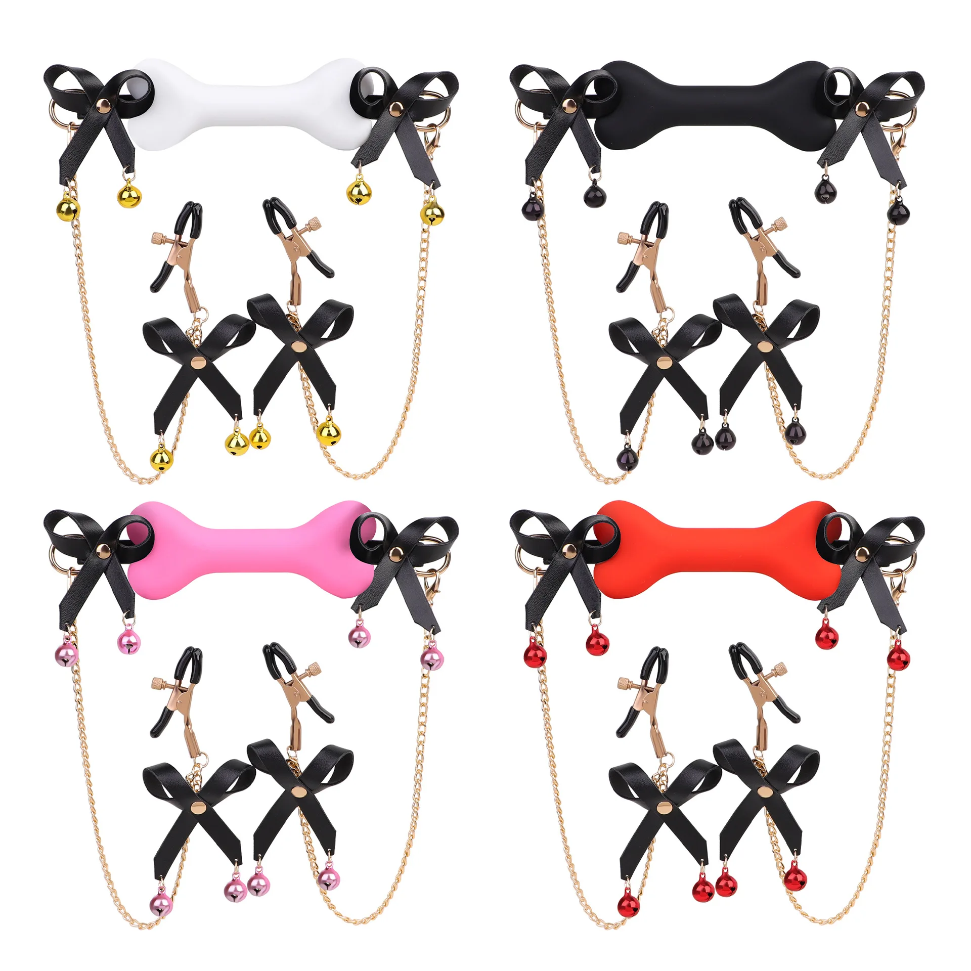 Female Nipple Clamp Mouth Ball Gag Sex Toy Set With Ring Bell Bone Shape Silicone Mouth Gag Bra Stimulate Clip Bowknot Sex Toys view 3