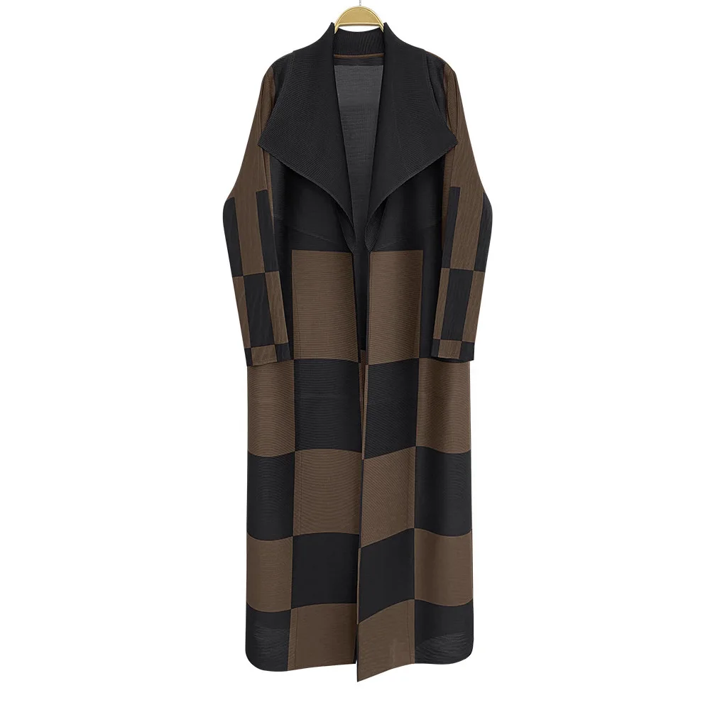 

Miyake Pleated Women Maxi Plus Size Trench Coat Lapel Dress Long Trench Coat Vintage Style Ladies Long Sleeve Casual Plaid Robe