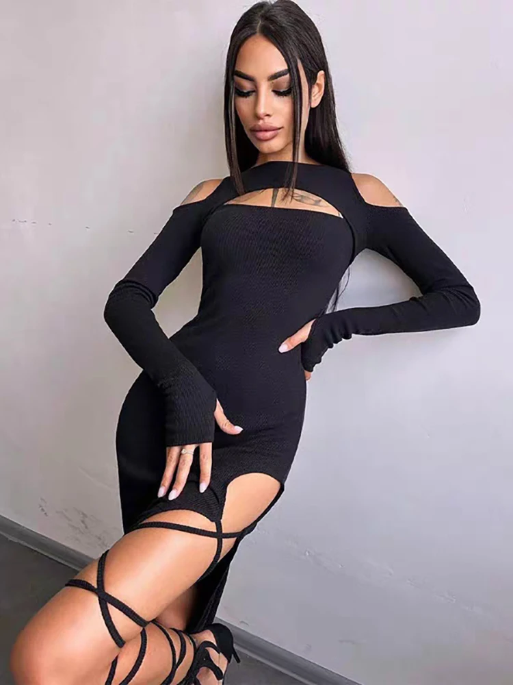 Rororiri Effen Bandage Split Lange Jurk Vrouwen Ribgebreide Lange Mouwen Uitgesneden Koude Schouder Slanke Sexy Bodycon Eendelige Streetwear