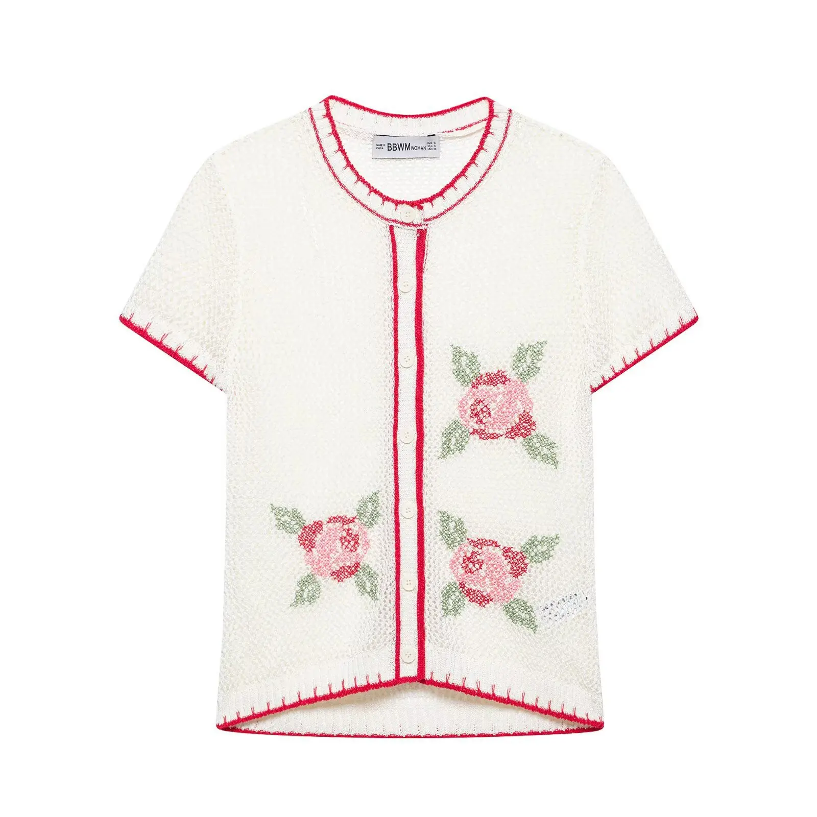 Dave&Di 2026 Summer New European And American Style Women's Short Sleeve Embroidered Flower Knitted Shirt