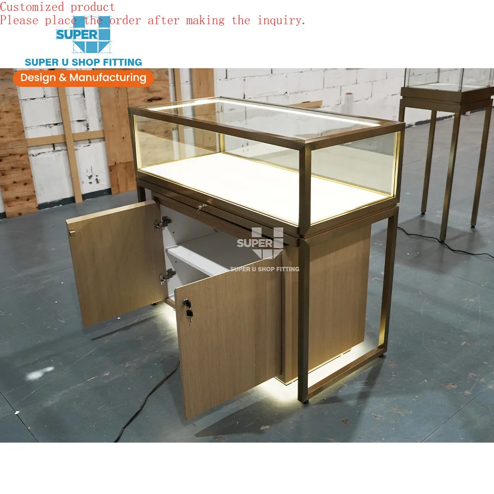 

Custom.Custom Glass Jewellery Display Cabinet Trendy Stainless Steel Furniture Led Lighting Lockable Jewelry Shop Showcase