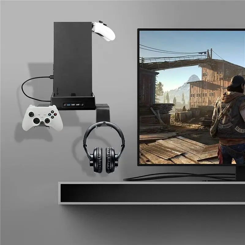 xbox-series-x用壁掛けスタンド（冷却ファン、3つのusbポート、ゲームコントローラーホルダー、ヘッドホンハンガー、壁棚ブラケット付き）