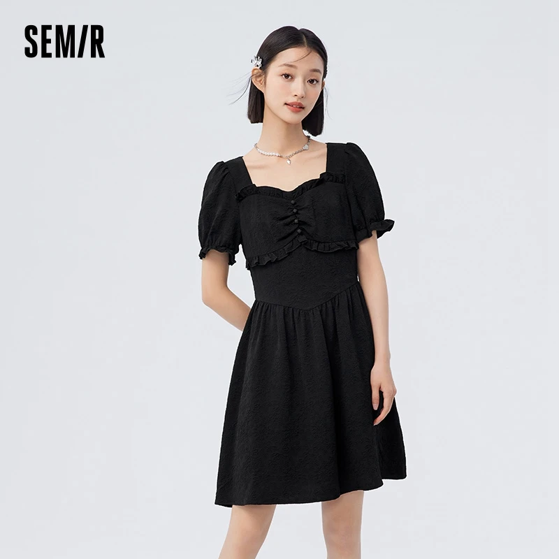 Semir Dress Women Waist Stringy Selvedge Summer 2023 New Romantic Puff Sleeves Square Neck Textured Floral Skirt