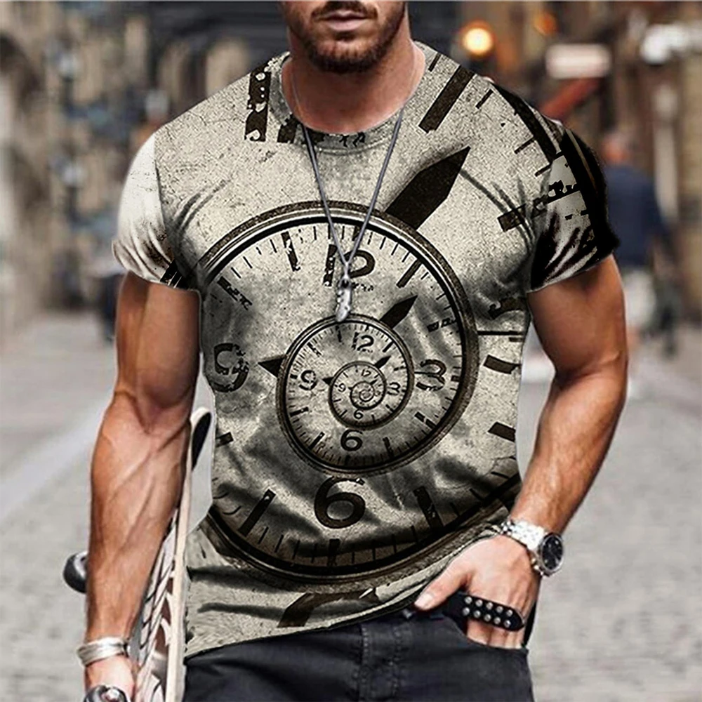 2024 Men\'s Vintage Clock Print T-Shirt Men\'s Street Casual Wear Men\'s Summer Fashion Top Men\'s Sports Sweat Wicks Short Sleeve