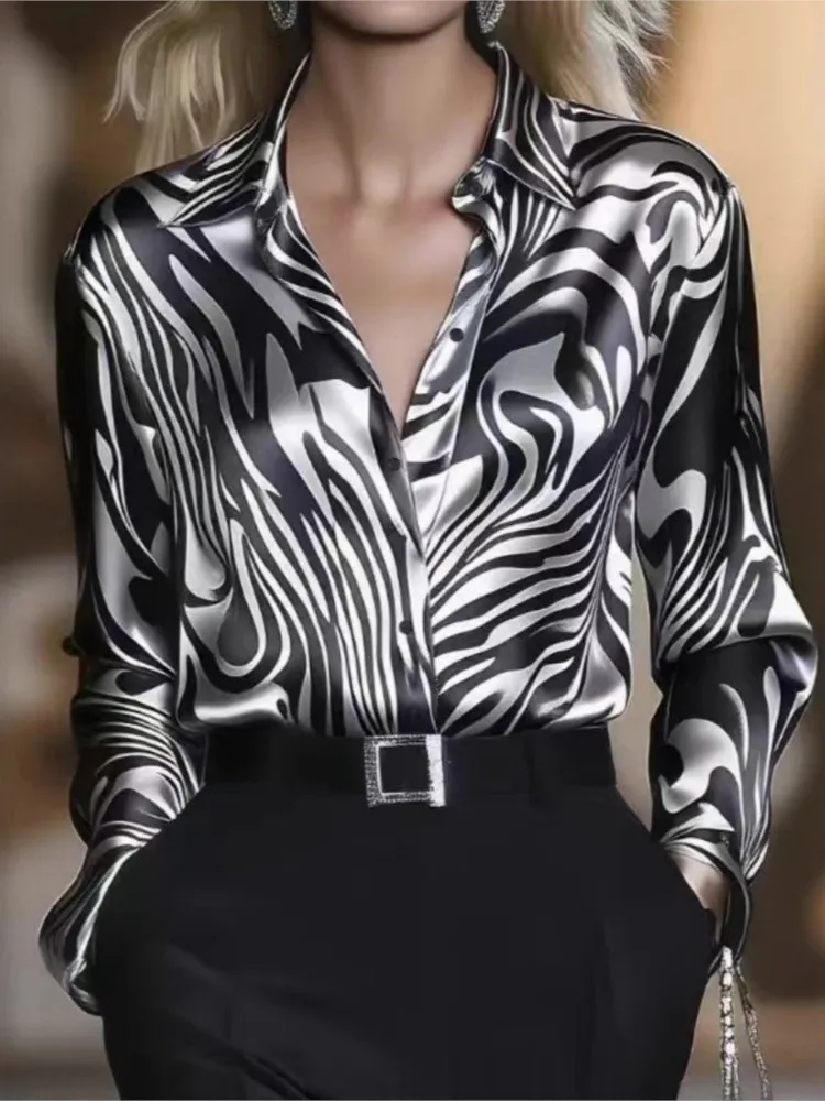 

New Fashion Blouses Women Simple Casual Spring Fall Commuting Slim Long-sleeve Niche Zebra Print Satin Shirt For Women Clothing