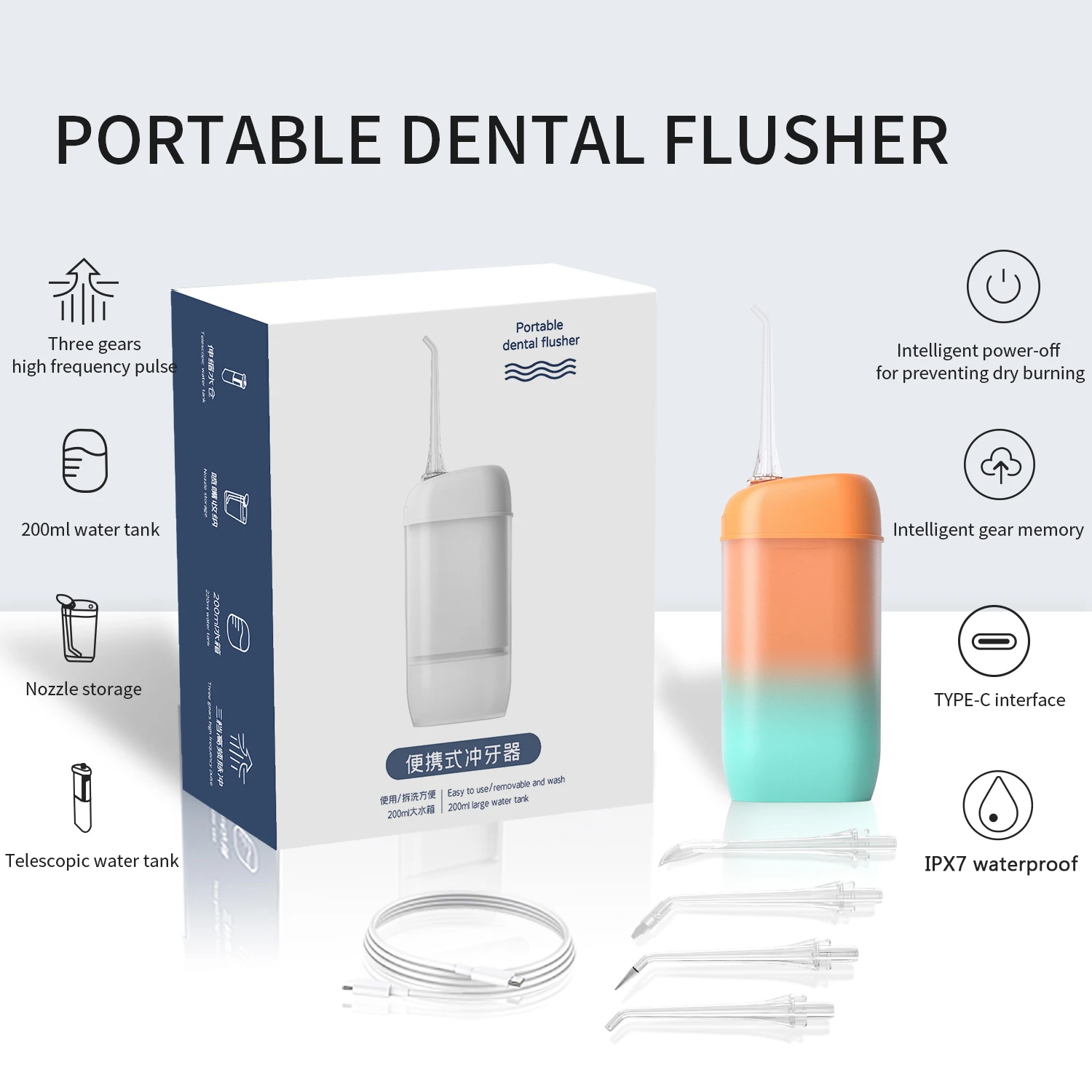 ZK20 Water Flosser Cordless Portable Oral Irrigator Dental Teeth Cleaner with 3 Modes 4 Jets Powerful Cleaning 200ML Water Tank