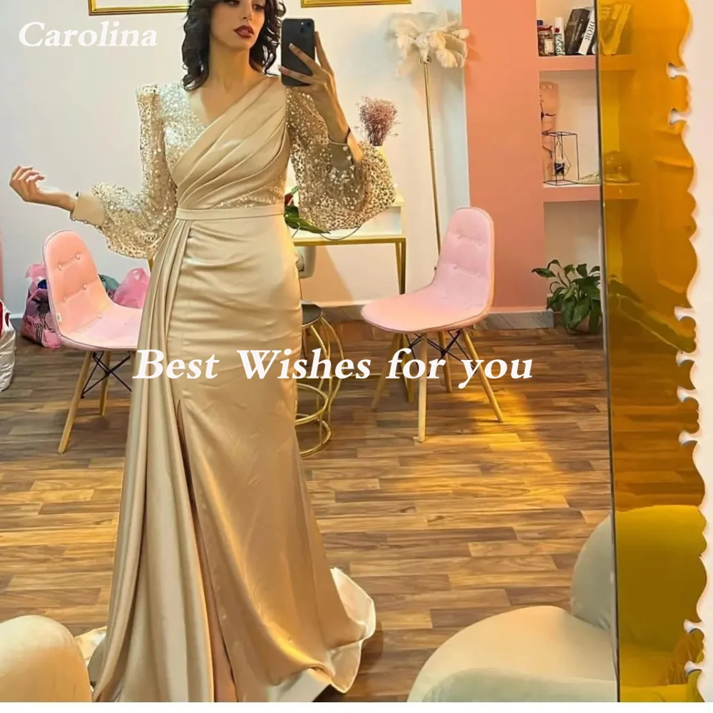 Carolina V-Neck Mermaid Evening Dresses Women Saudi Arabia Puffy Sleeves High Split Wedding Guest Elegant Formal Party Gowns