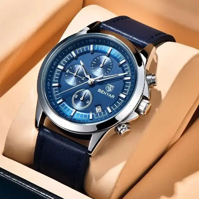 

BENYAR 2025 новые модные мужские часы 42 мм с циферблатом, кварцевые часы из нержавеющей стали, код синхронизации, календарь, ночник, 5 бар, водонепроницаемые часы
