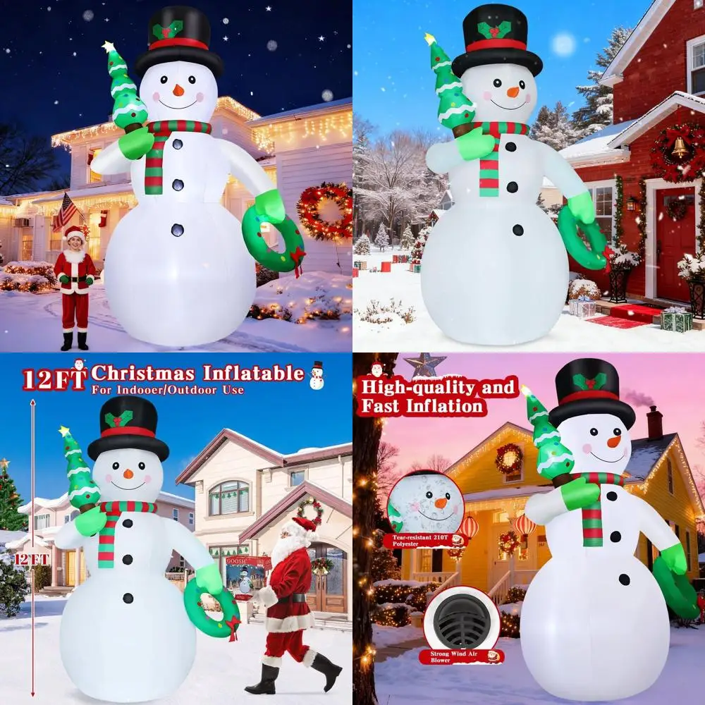 

Гигантский надувной снеговик со светодиодной подсветкой, рождественской елкой и венком - Рождественский декор для улицы/в помещении