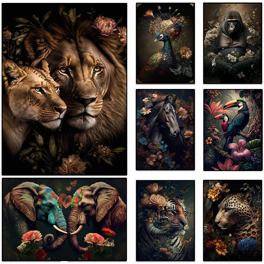 Lion Tiger Elephant Poster Prints Wall Art Picture Boho Flower Abstract Animal Canvas Painting for Modern Living Room Home De