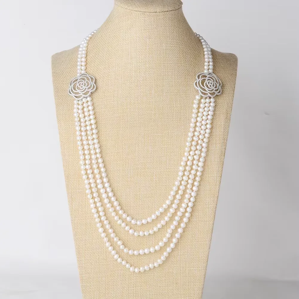 

Jewelry Natural Pearl 28''-32'' 2 Strands White Pearl CZ Connector Necklace