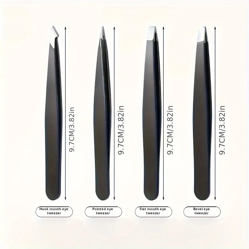 Conjunto de 4 Pinças para Mulheres, Pinças Faciais, Pinças para Pernas, Remoção de Pelos para Infecções, Aço Inoxidável Profissional de Precisão, Preto