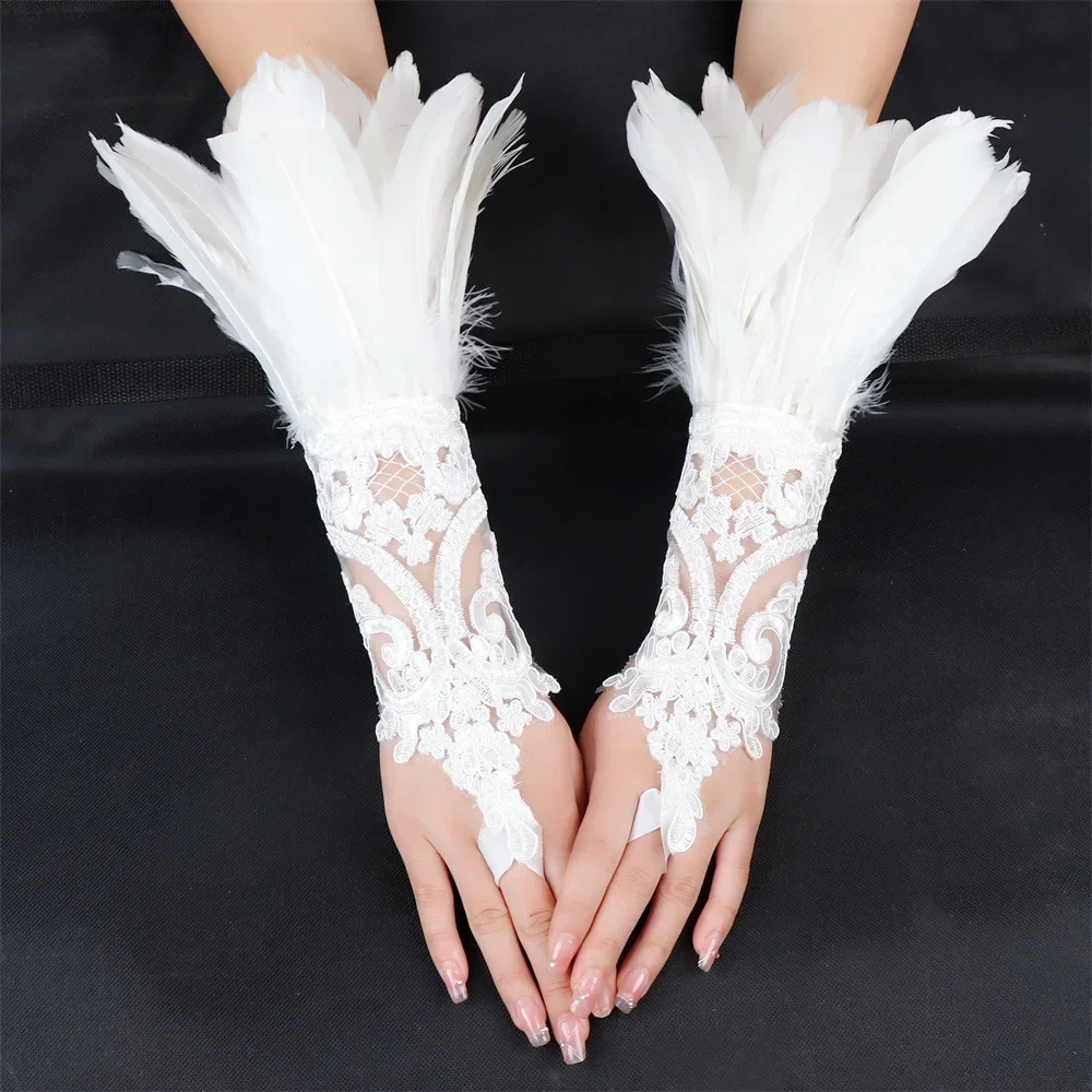 White Natural Feather Cuff Wrist Sleeve Lace Fur Feather Ankle Bracelets for Women Summer Party Boho Adjustable Bangles