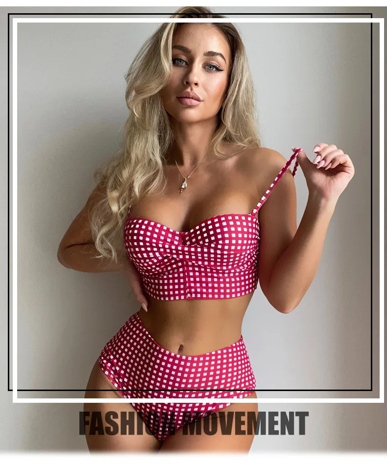

2025 New Bikini Swimsuit Women's European and American Sexy Plaid Split High-waisted Bikini Bathing Suit Bikini Set