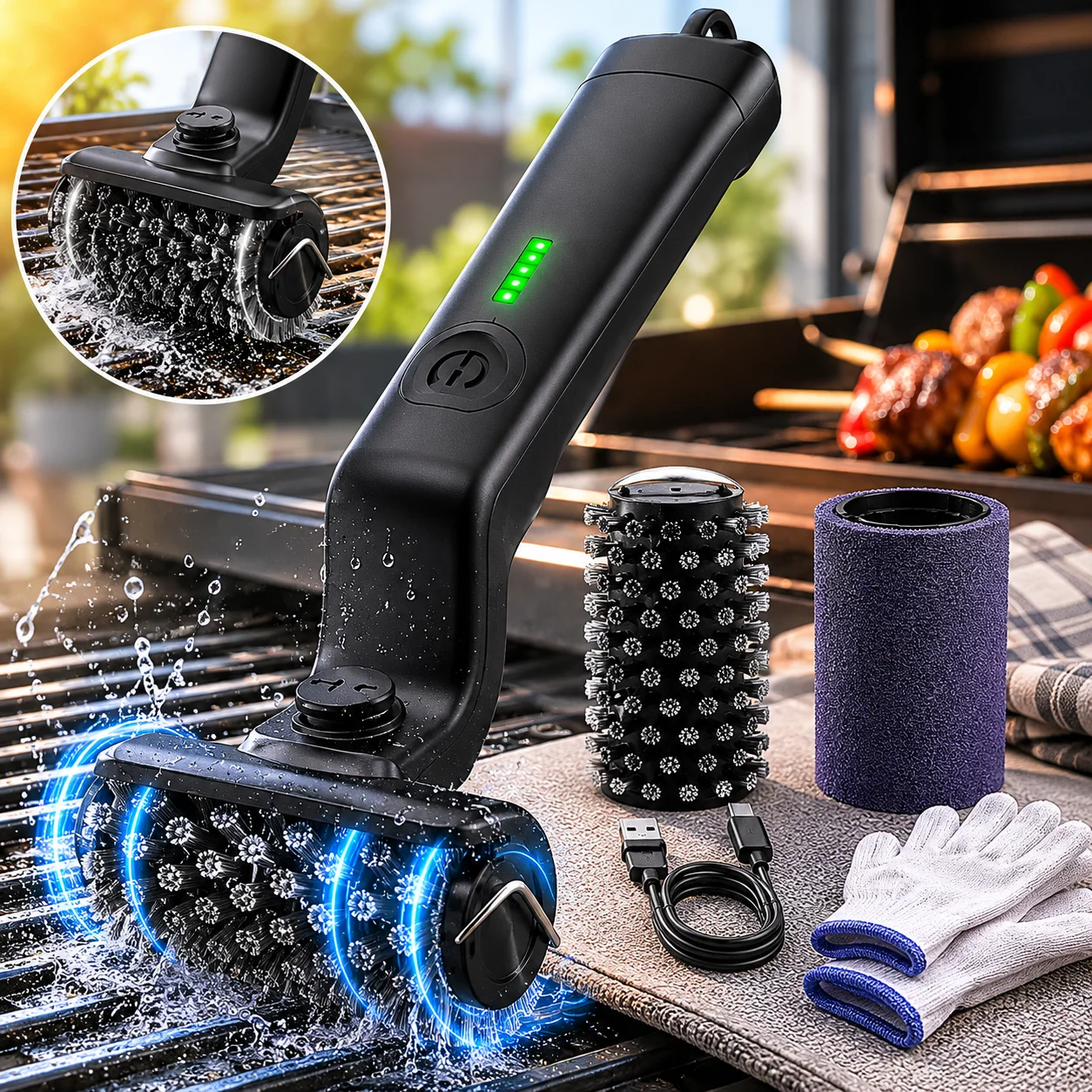 Electric Grill Brush-Cordless Rechargeable BBQ Cleaner with 180° Adjustable Head,for Outdoor Stainless Steel Cast Iron Grates