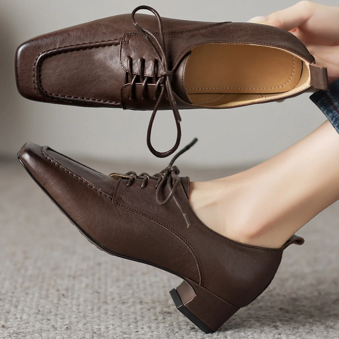 

Danxuefei женские туфли-лодочки из коровьей кожи с квадратным носком и шнуровкой, повседневные тонкие модельные туфли на каблуке в стиле котенка 3,5 см, распродажа