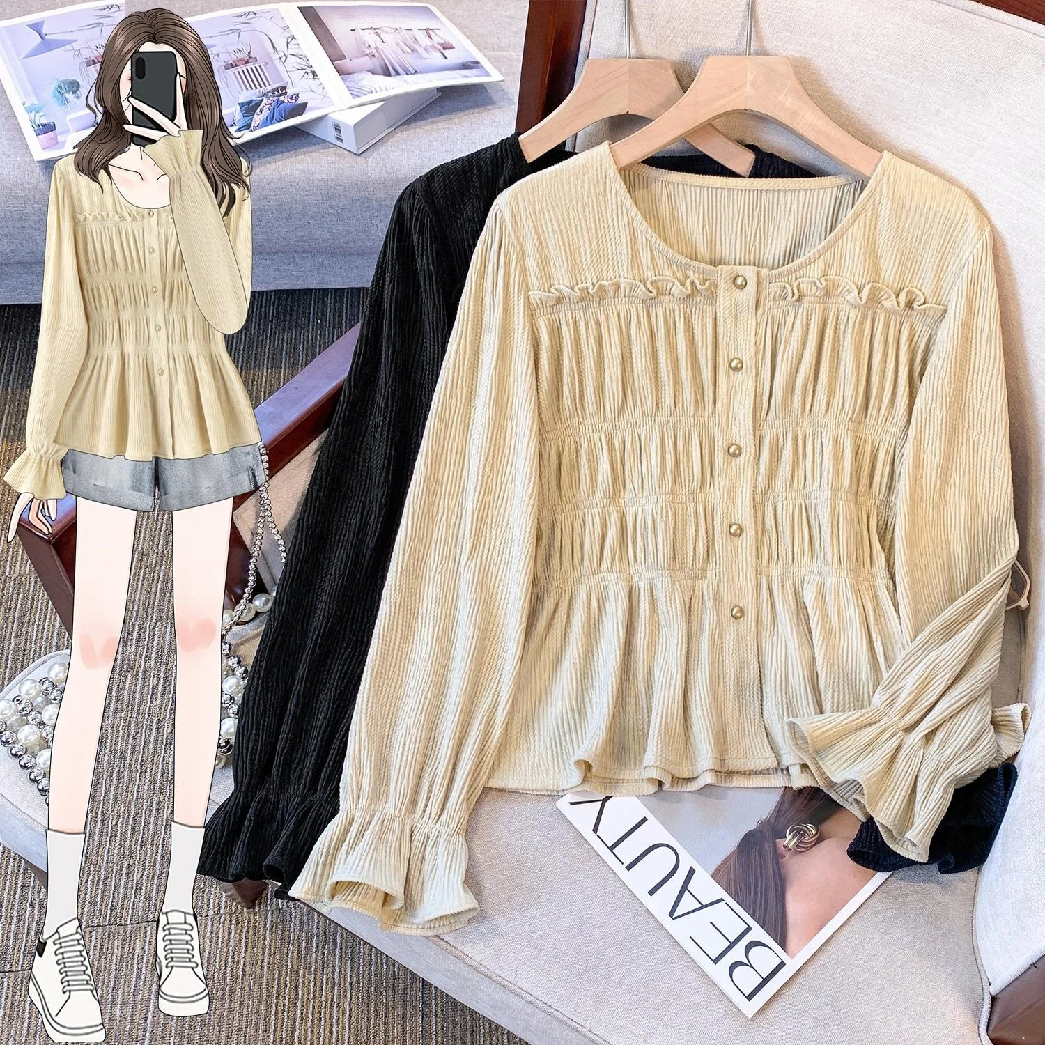 

Elegant Vintage Shirt Women's plus Size Spring Autumn Style Pleated Wood Grain Square Collar Slimming Belly Cover Top