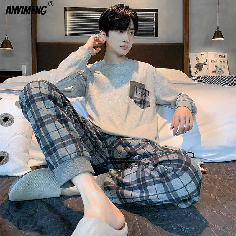 Fashion Sleepwear Young Man\'s Pajama Set Black Plaid Cool Stylish Korean Pijamas Long Sleeved Autumn Winter Leisure Homewear 4xl