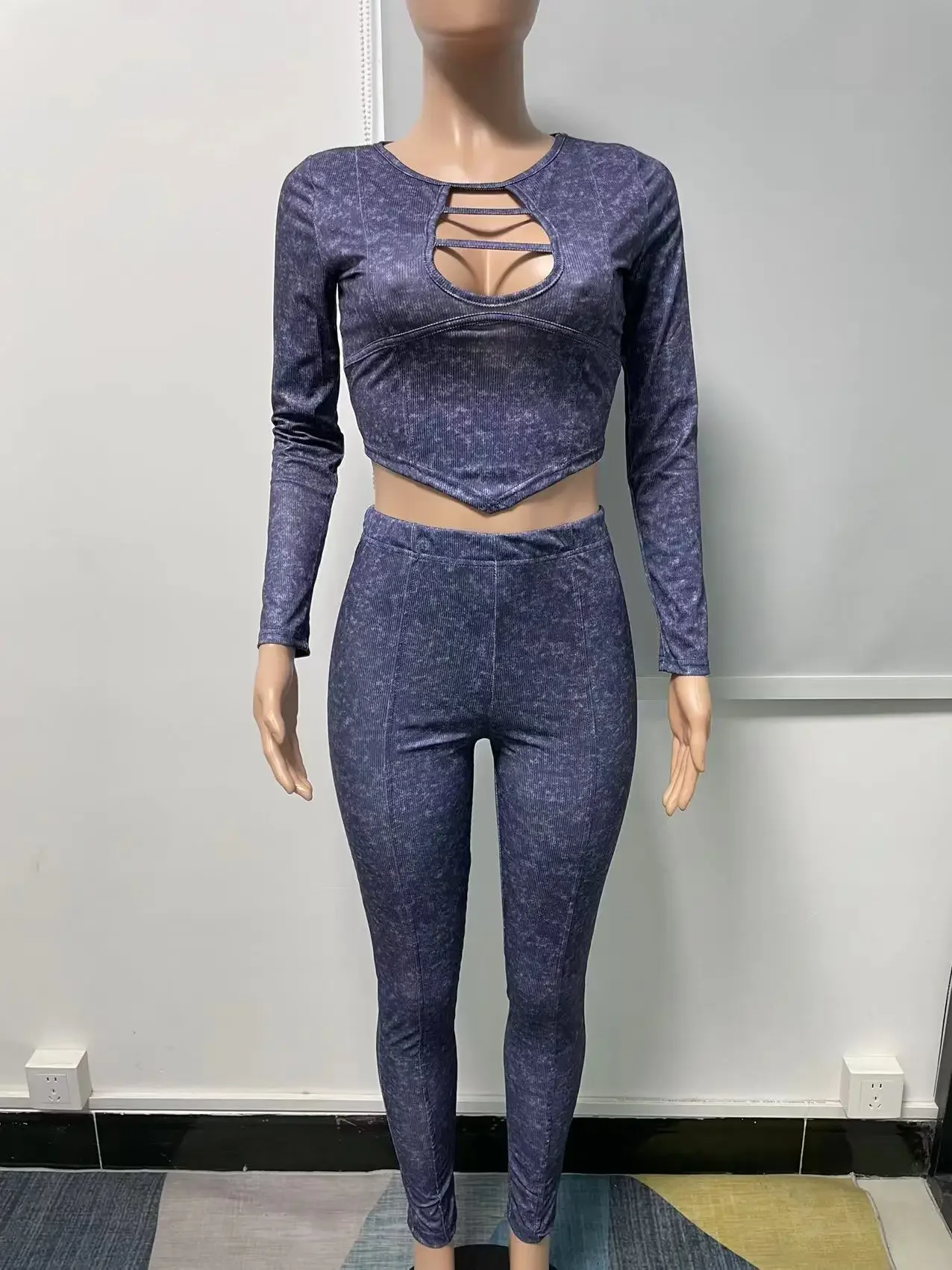 Women Casual Ribbed Knitted Acid Wash Outfit High Waist Stretch Long Sleeve Fall Ladies 2 Piece Top and Pants Set