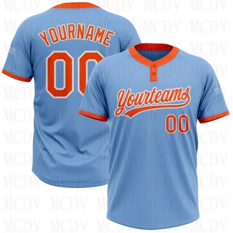 Custom Light Blue Orange-White Two-Button Unisex Softball Jersey 3D Printed Team Name Number Jerseys Sports Wear Adult Youth