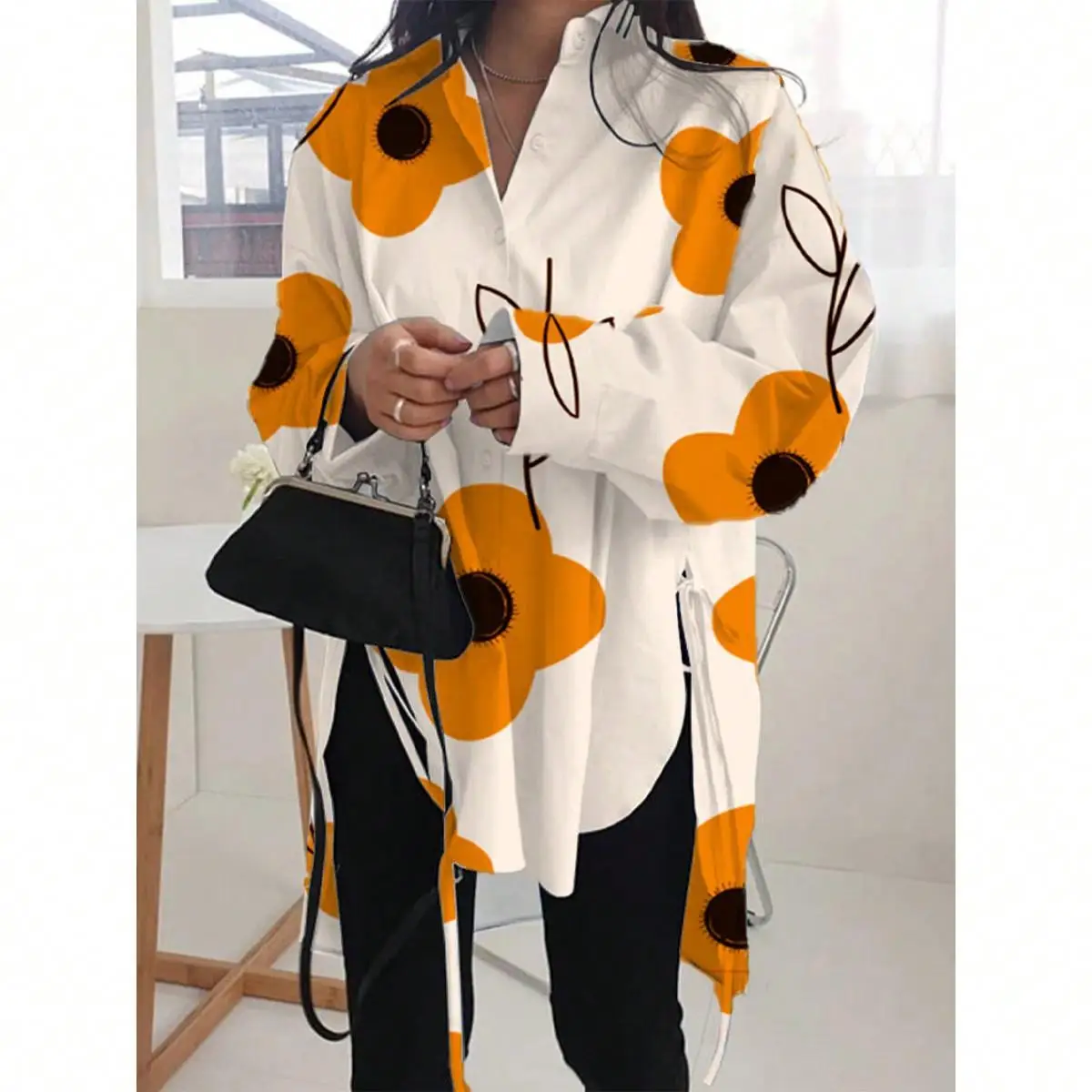 

Women's Casual Lace up mid Length Printed irt Long Sve Plant Floral Patterned Casual Sle Women's Faion irt