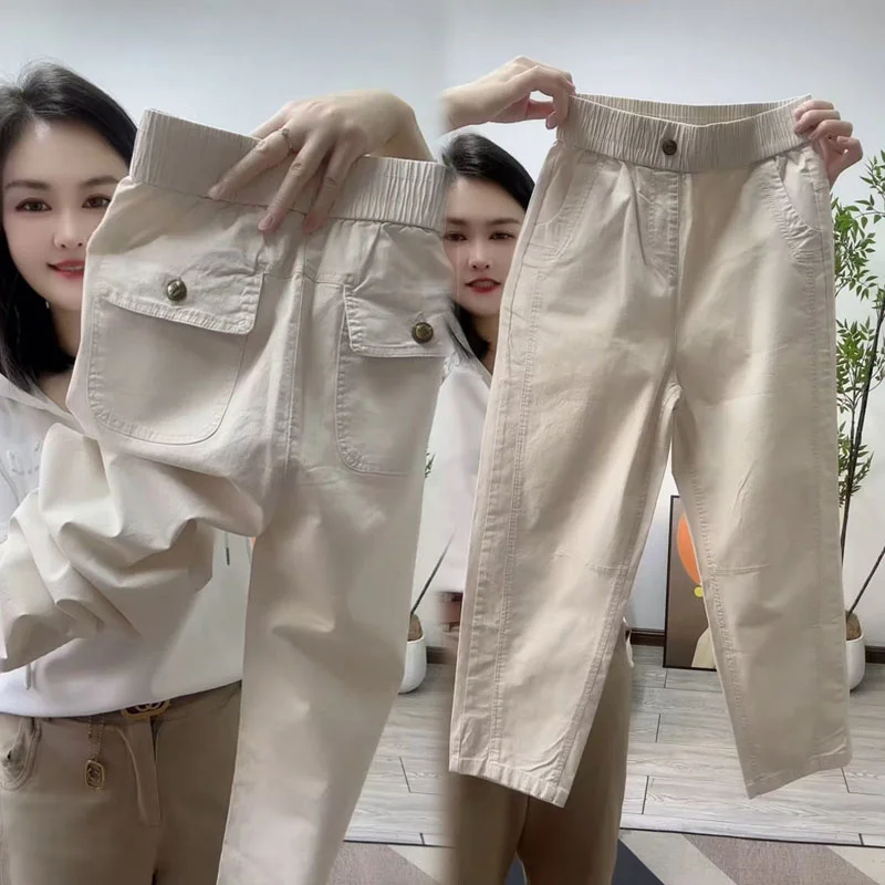 Coreano novo 2025 moda primavera verão haren calças femininas casual solto all-match cintura elástica calças retas senhoras feminino